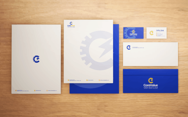 CORE VALUE CONTRACTING IDENTITY PACKAGE DESIGNED BY MICHIGAN NO1 DIGITAL AGENCY FIVENSON STUDIOS
